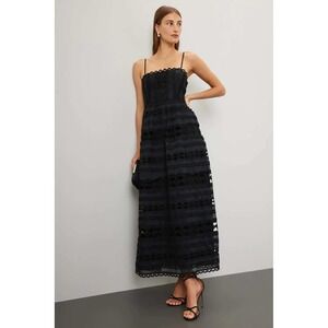 Endless Rose Black Tiered Lace Eyelet Midi Dress Square Neck Spaghetti Strap L